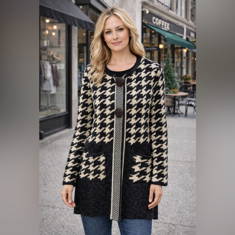 Nicole Alexander Houndstooth Knit Cardigan Coat Size S